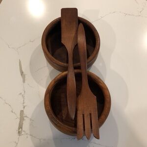 The cellar teak wooden bowls (2) and Canadian made wooden spoon fork salad tongs